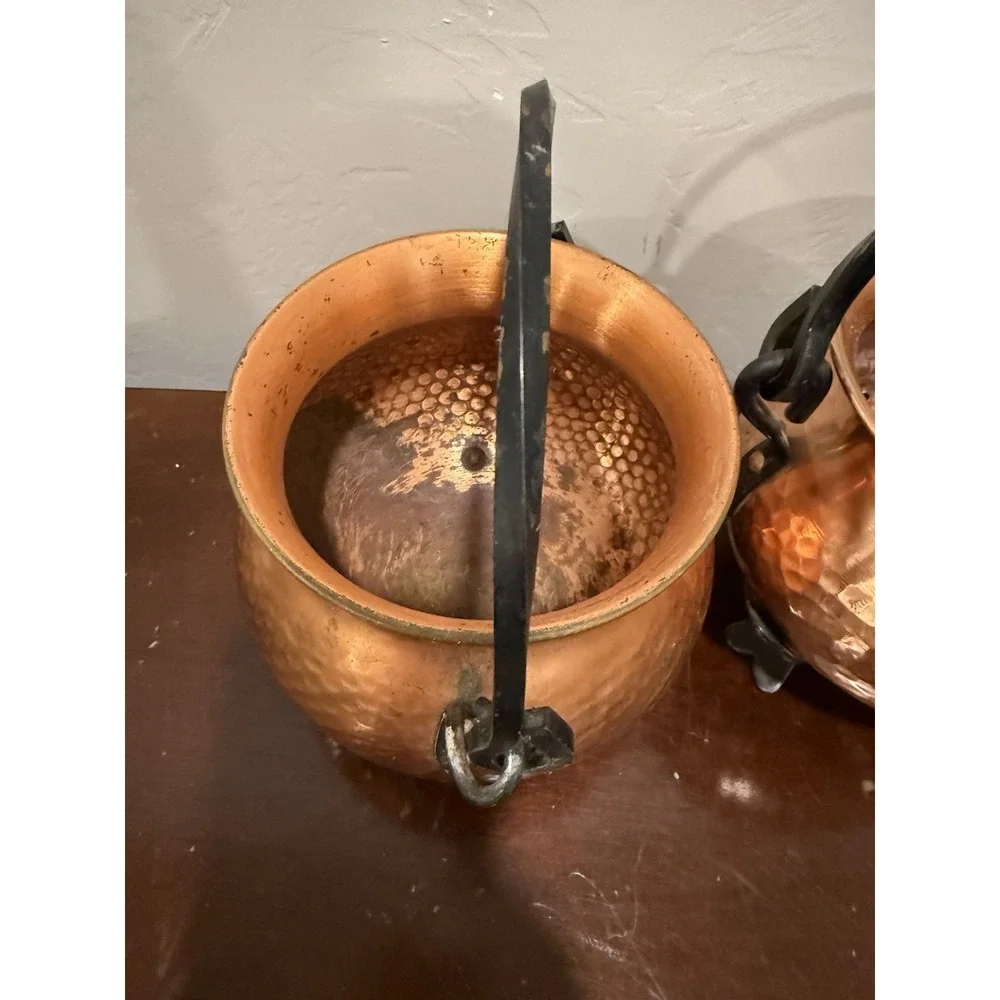 VTG Set Of 2 Hammered Copper Pot Cauldron Germany Bail Wrought Iron Handles Feet
